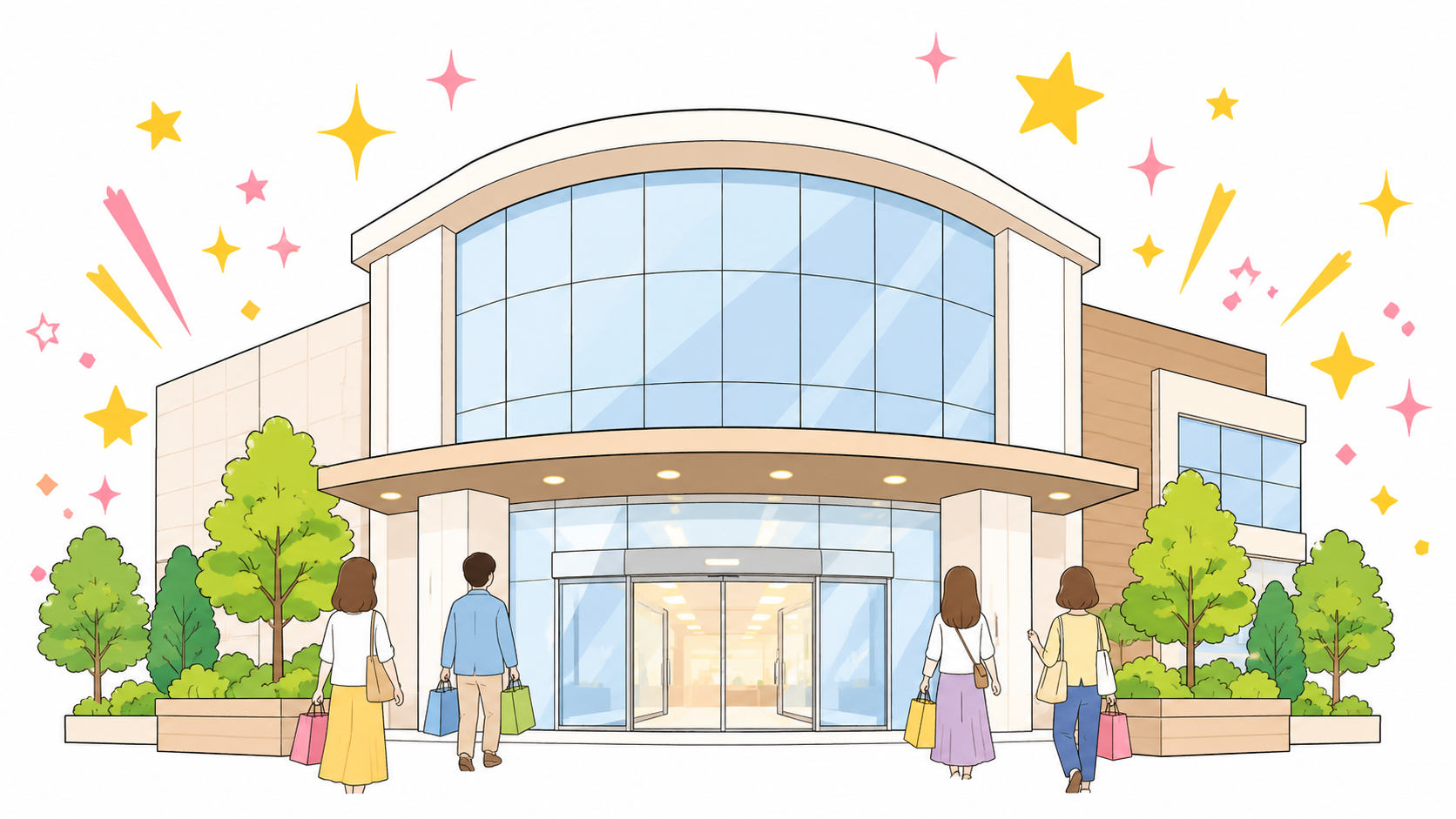 新しくオープンする商業施設に買い物客が向かうイメージ