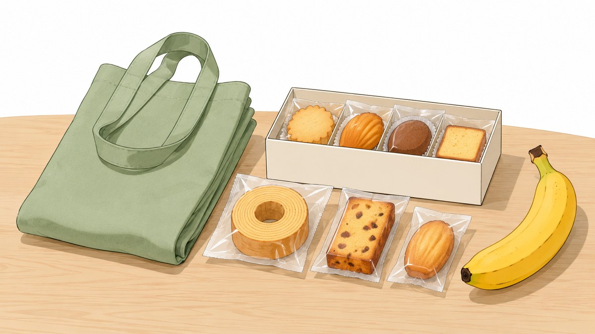 たたんだエコバッグとお菓子の箱、バナナが並んだイラスト