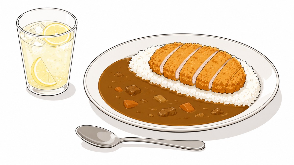 カツがのったカレー皿とレモン色の炭酸ドリンクのイラスト