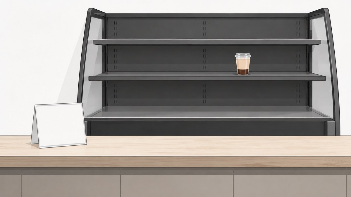 商品がほとんど無くなったお店の棚と案内の立て札のイラスト