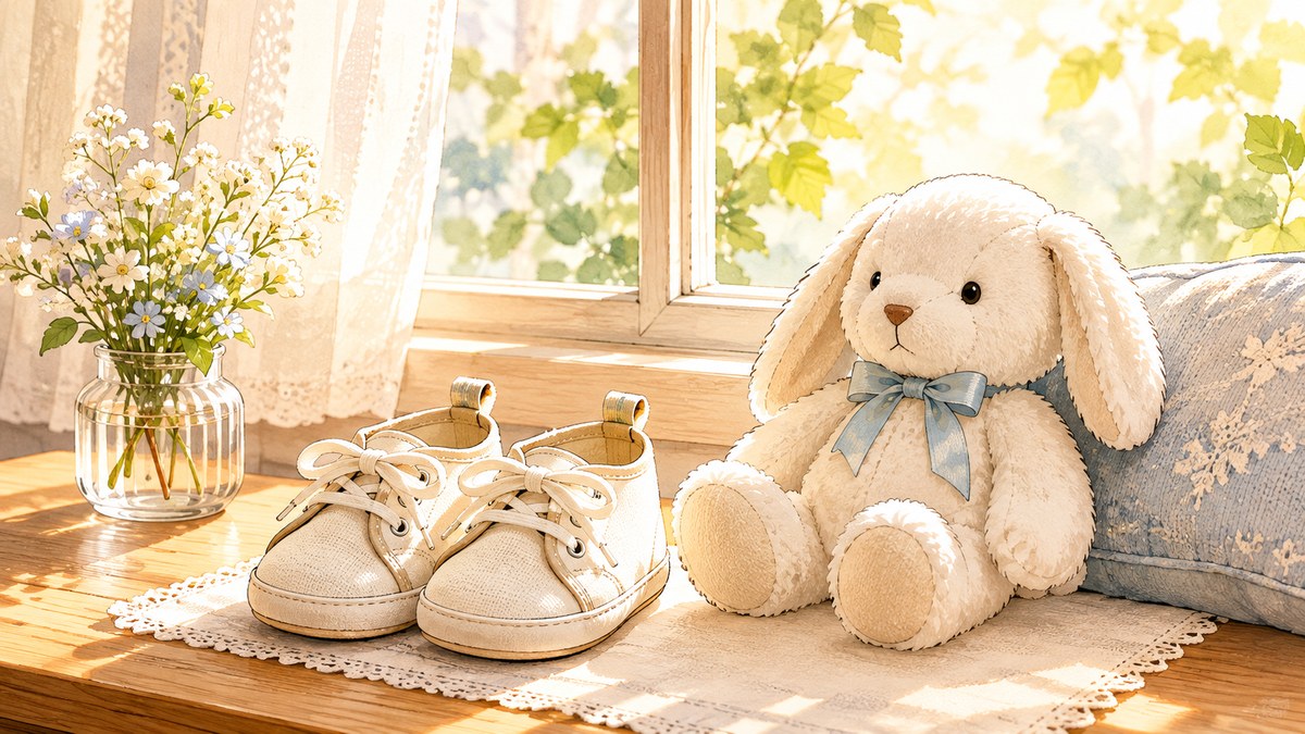 窓辺に置かれた小さな靴と白いうさぎのぬいぐるみのイラスト