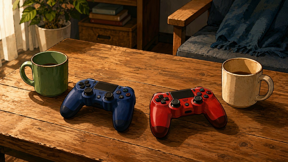 木のテーブルに並んだ2つのゲームコントローラーとマグカップのイラスト