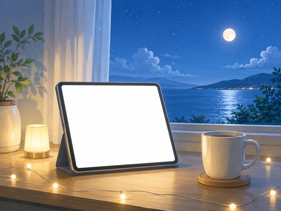 さと島の初生配信を待つ夜のタブレット