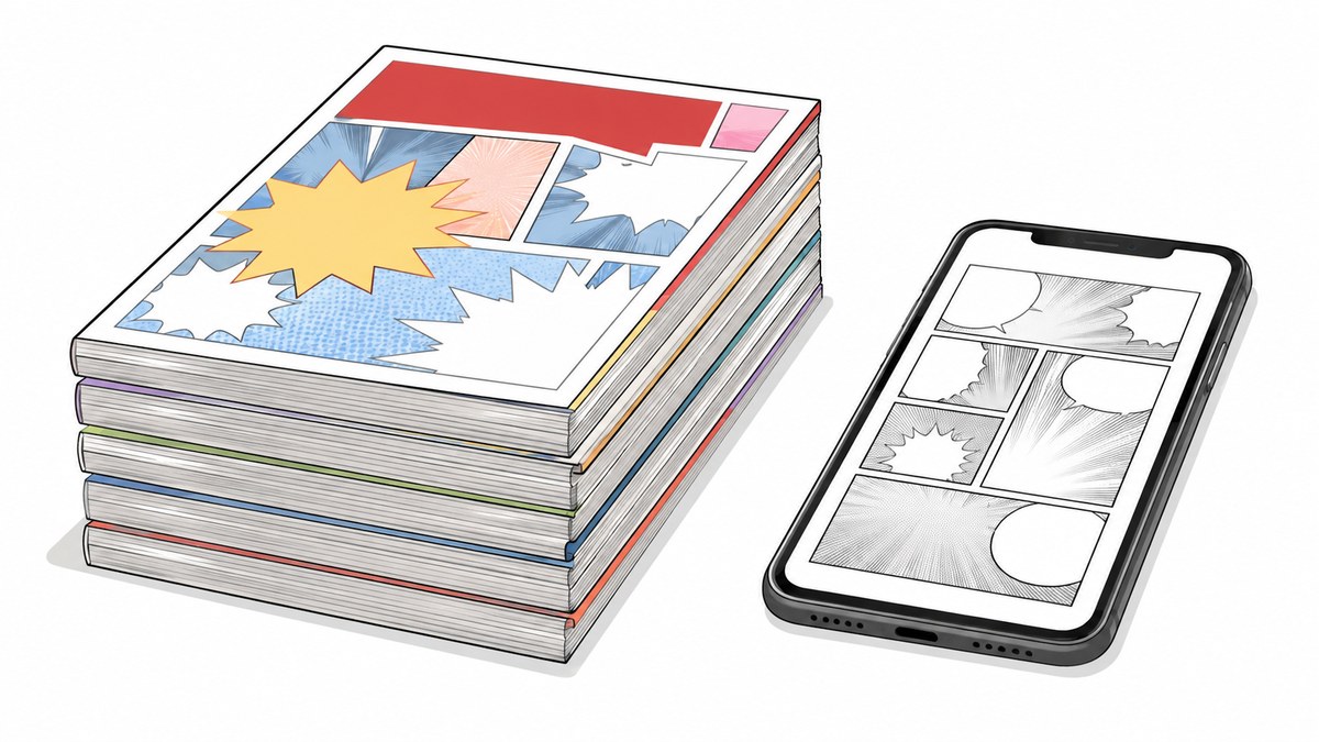 積まれた漫画雑誌とスマートフォンで漫画を読む画面のイラスト