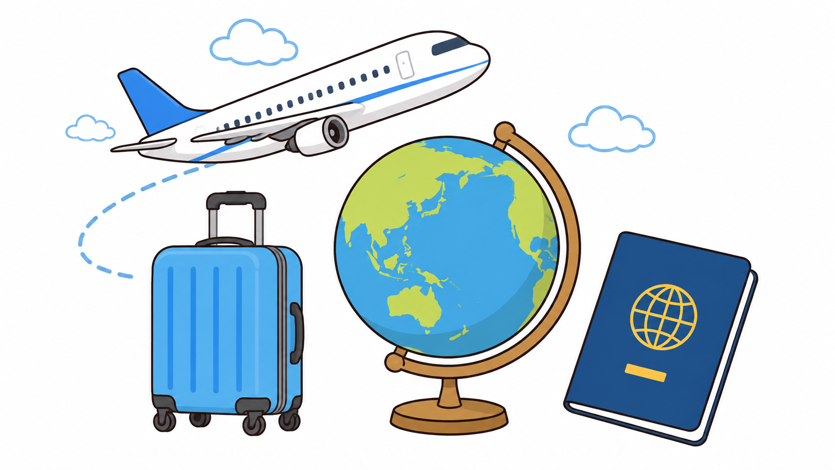 飛行機とスーツケースと地球儀で海外への引っ越しを表したイラスト