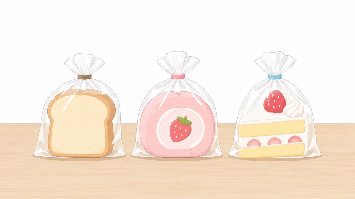 透明な袋に入ったスイーツ型のやわらかいおもちゃが並んでいるイラスト