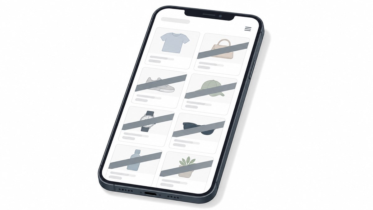 スマートフォンの通販画面で商品がほとんど売り切れになっているイラスト