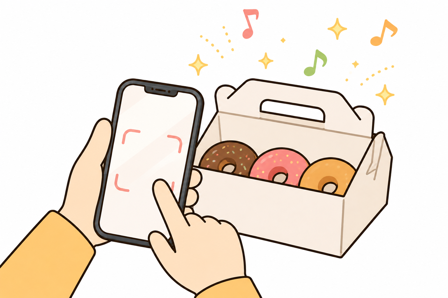 ドーナツの箱にスマートフォンをかざすと音符やキラキラが浮かび上がるイメージ