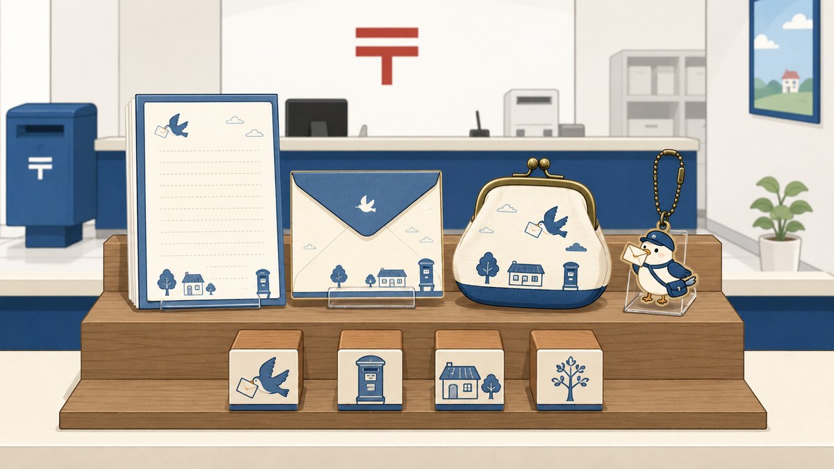郵便局のカウンターに並ぶ便箋や封筒、がま口ポーチ、スタンプ、マスコットのイラスト