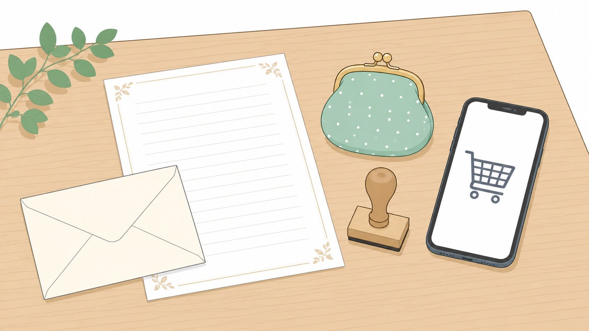 机の上に便箋と封筒、がま口ポーチ、スタンプ、買い物かごを表示したスマートフォンが並ぶイラスト