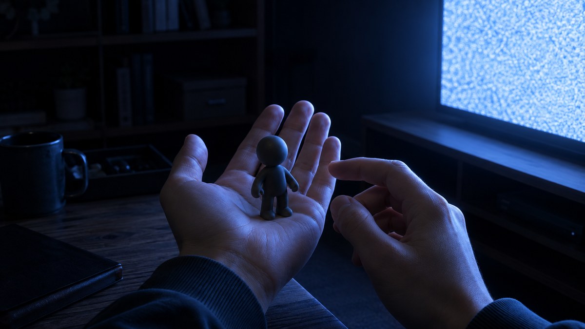 暗い部屋でテレビの光を浴びながら手のひらの小さな人形を見つめる場面のイラスト