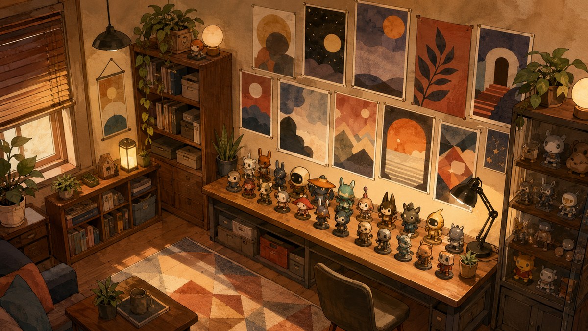壁一面にポスターが貼られフィギュアが並ぶ趣味の部屋のイラスト