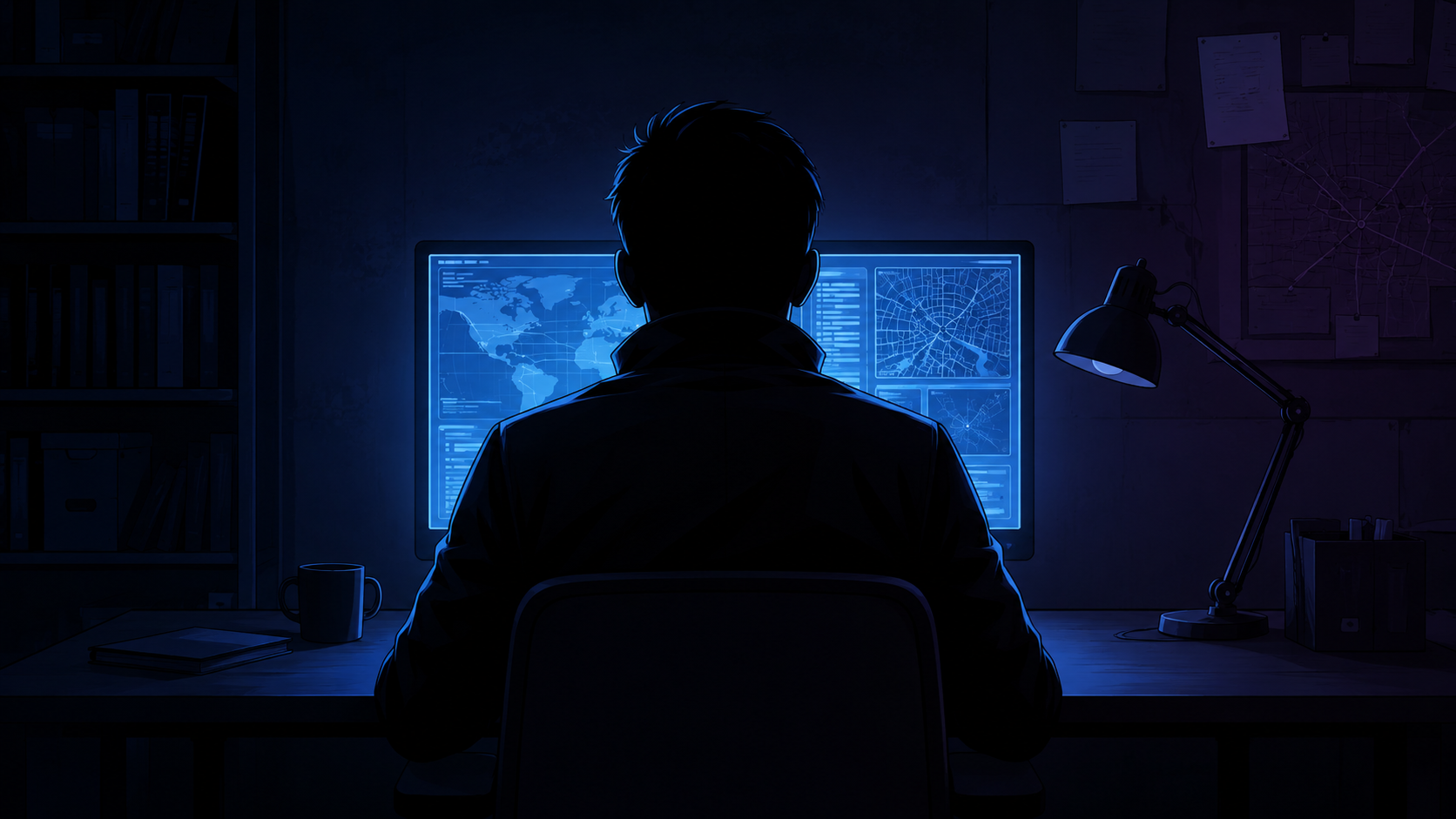 暗い部屋でモニターの光だけを頼りにパソコンへ向かう人物の後ろ姿のイラスト